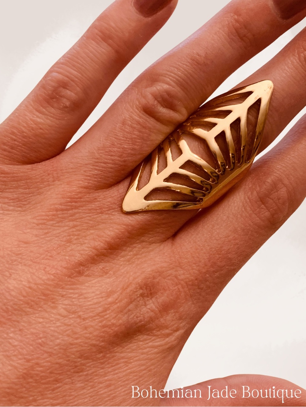 Gold Tone Openwork Statement Ring Women’s Oversized Geometric Leaf Cage Design